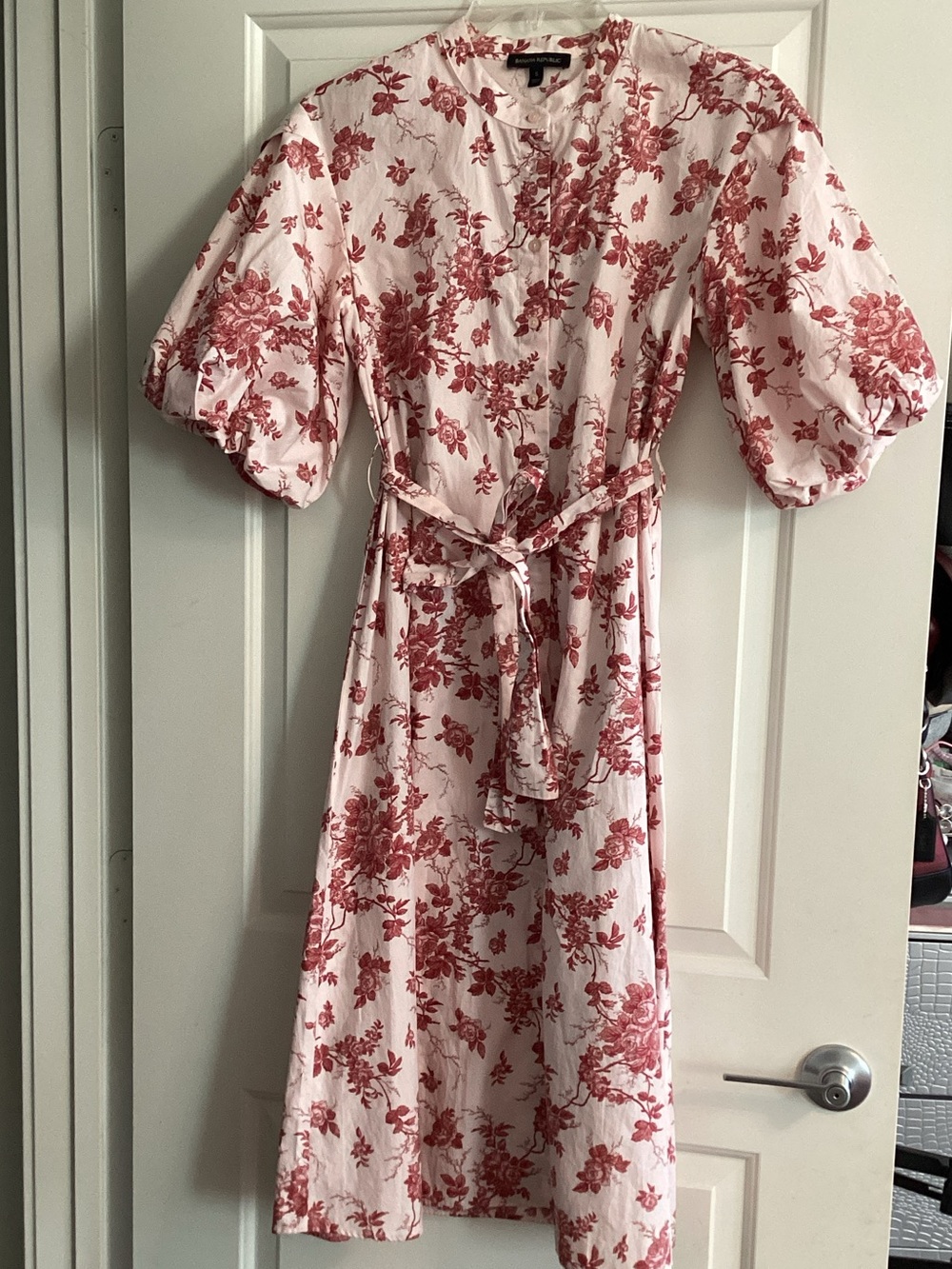 Banana Republic Pink Midi Dress with Red Floral Print and Puff Sleeves
